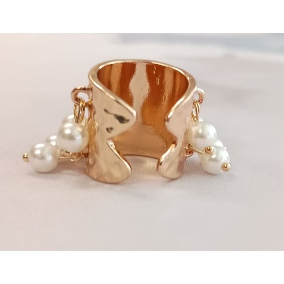 Adjustable Band Gold Plated Pearl Dangle Elegant Statement Ring - Picture 5 of 7